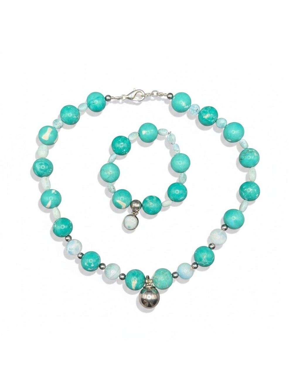 Handmade Amazonite & Larimar Statement Set with Genuine Tiffany & Co Silver Bead